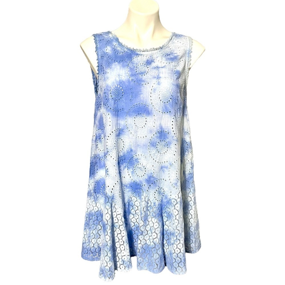 Umgee Tie Dye Eyelet Cover-Up Dress Size Small Blue/White